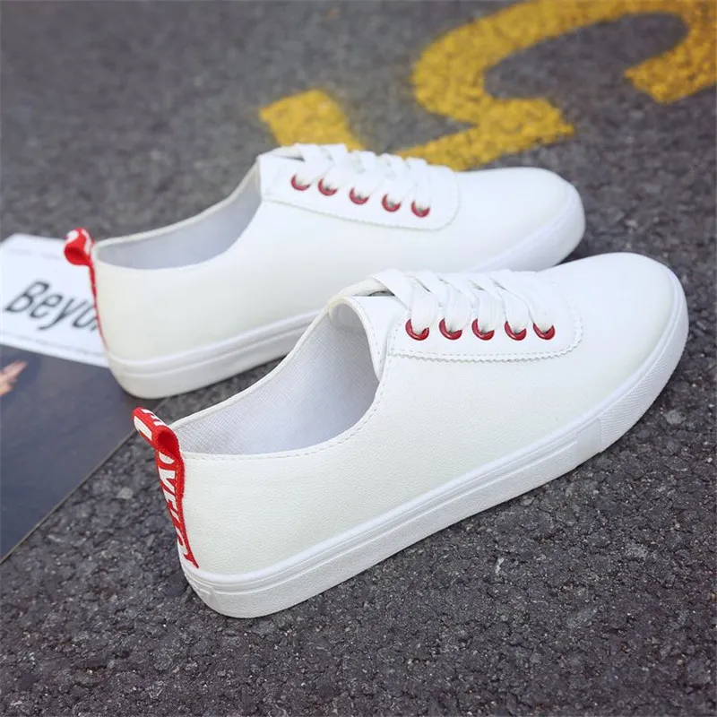 

New 2019 Spring Tennis Shoes Woman Lace-up White Female PU Leather Solid Color Casual Shoes Women Shoes Sneakers