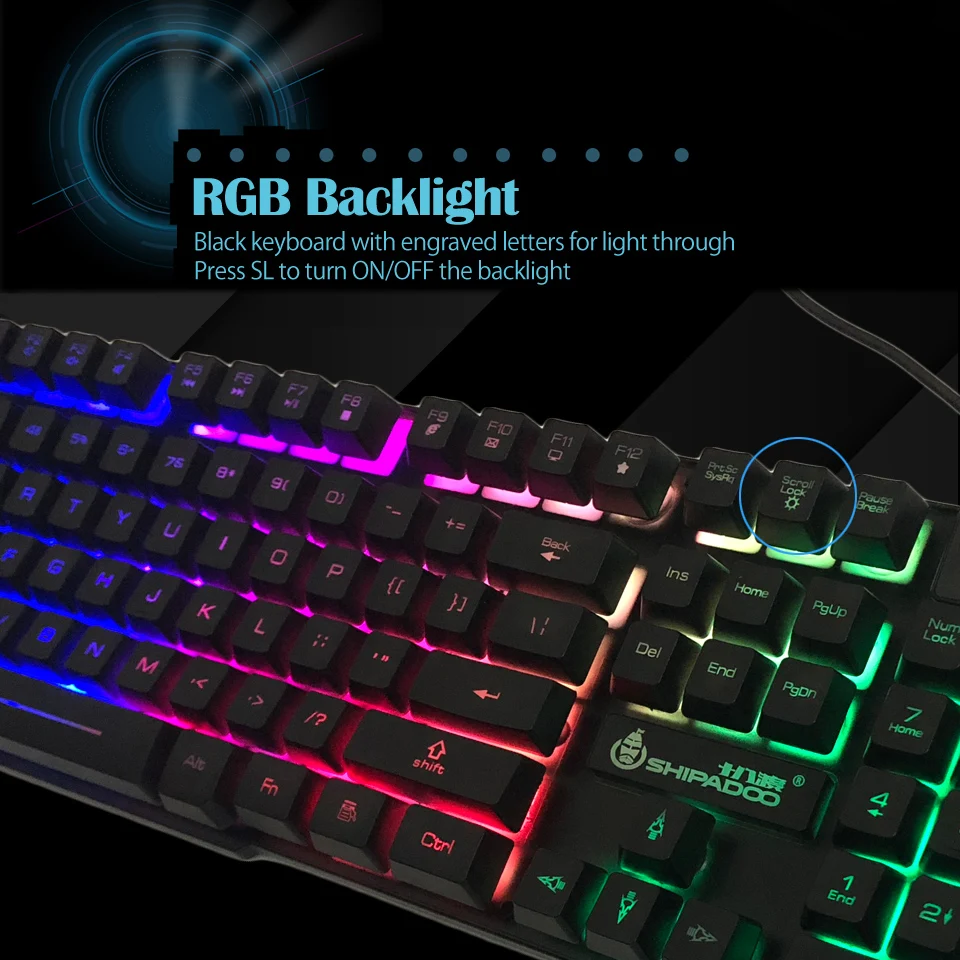 Beste K500 USB Bedrade Gaming Toetsenbord Standaard 104 Toetsen Ergonomisch Multimedia Toetsenbord Regenboog LED Backlight met Russische Sticker