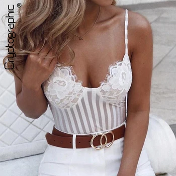 

Cryptographic Sexy spaghetti strap mesh lace bodysuit women stripe patchwork jumpsuit transparent 2020 new catsuit body feminino