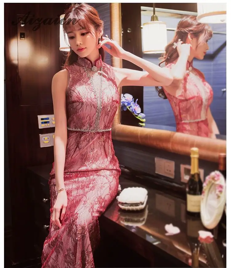 Сексуальное кружевное платье Cheongsam без рукавов, современное свадебное платье Qipao, длинное китайское официальное вечернее платье, элегантные женские восточные вечерние платья с бриллиантами