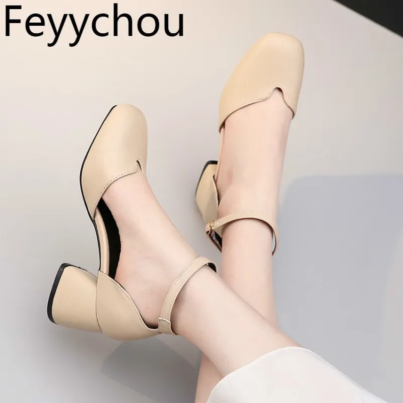 

Women's Pumps High Heels Spring Autumn Pu Square Toe Buckle Thick Heel 2019 New Sexy Fashion Casual Beige Yellow Big Size 34-43