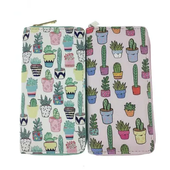 

M281 Cartoon Women Zip Wallet Cute Small Fresh Cactus Pot Plant Cat ice Cream Leather Students Long Wallet Many Card Holder