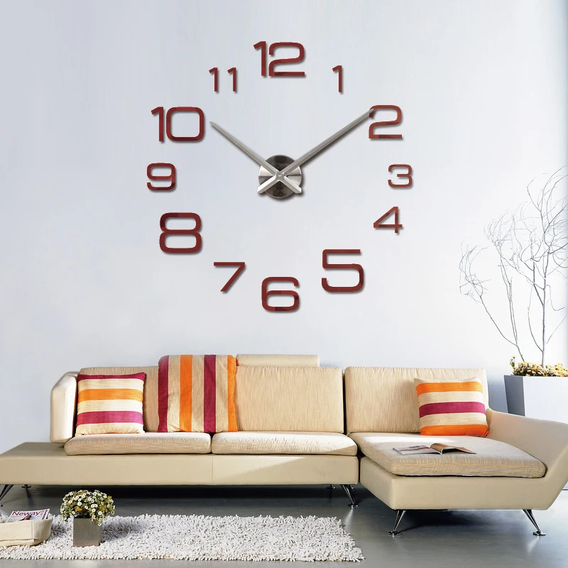 hot sale Diy acrylic mirror large wall clock quartz watch modern clocks living room home decoration silver number 3d stickers