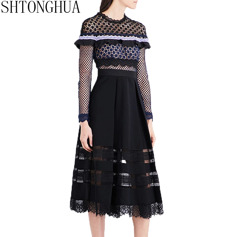 

SHTONGHUA Self Portrait Style Summer Women Dress New 2019 Runway Women Lace Patchwork Hollow Out Ruffles Empire Party Dress