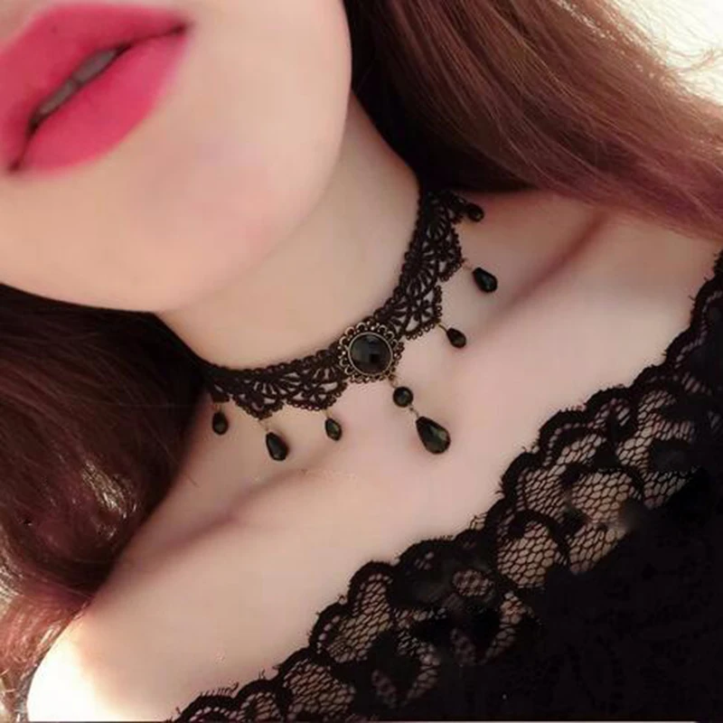Fashion new necklace jewelry black lace leather velvet strip ladies stand party jewelry goose down neck short chain jewelry - Image 2
