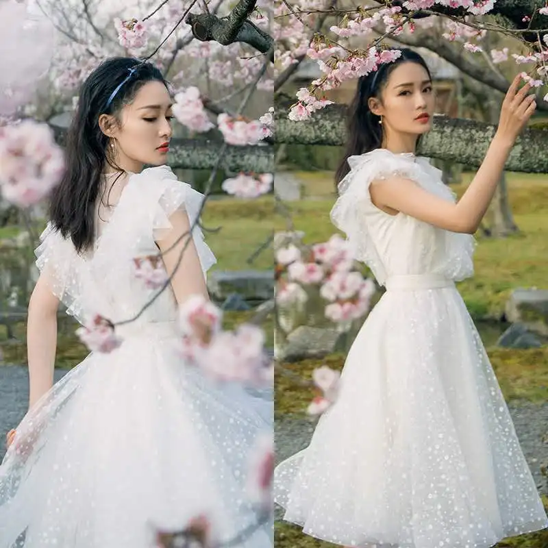 Летнее кружевное платье в горошек, женское платье с v-образным вырезом и рукавами-бабочками, многослойное белое Тюлевое Сетчатое платье, свадебное платье