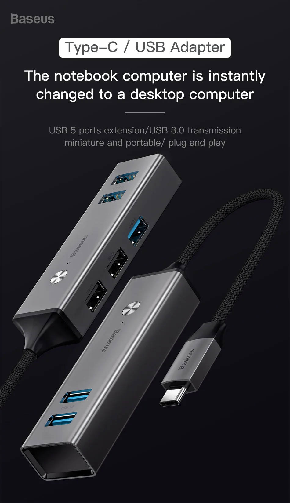 Baseus USB C концентратор для USB 3,0 USB 2,0 usb-хаб для MacBook Pro Surface Pro 6 type C концентратор Расширенный 5 портов usb порты USB разветвитель