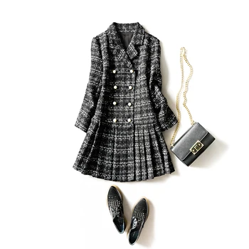 

Women elegant black plaid tweed coat notched collat double breasted ruffles hem outerwear new 2018 autumn winter