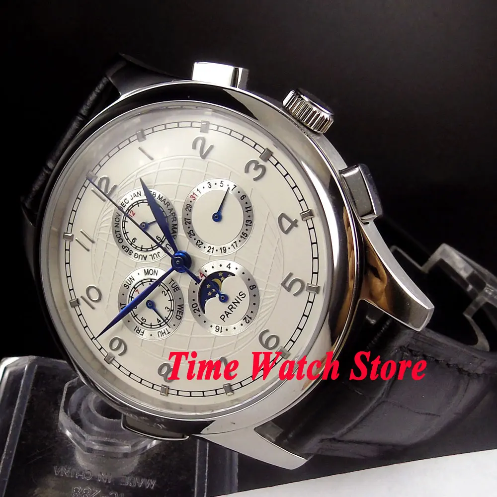

Parnis watch 44mm White dial blue hands Moon Phase week and date Multifunction Automatic movement Men's watch 334