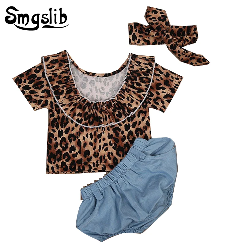 

Kids Baby Girl Clothes Summer Outfits Leopard Baby Backless T-shirt Tops+denim Shorts Bloomers Headband Children Clothing