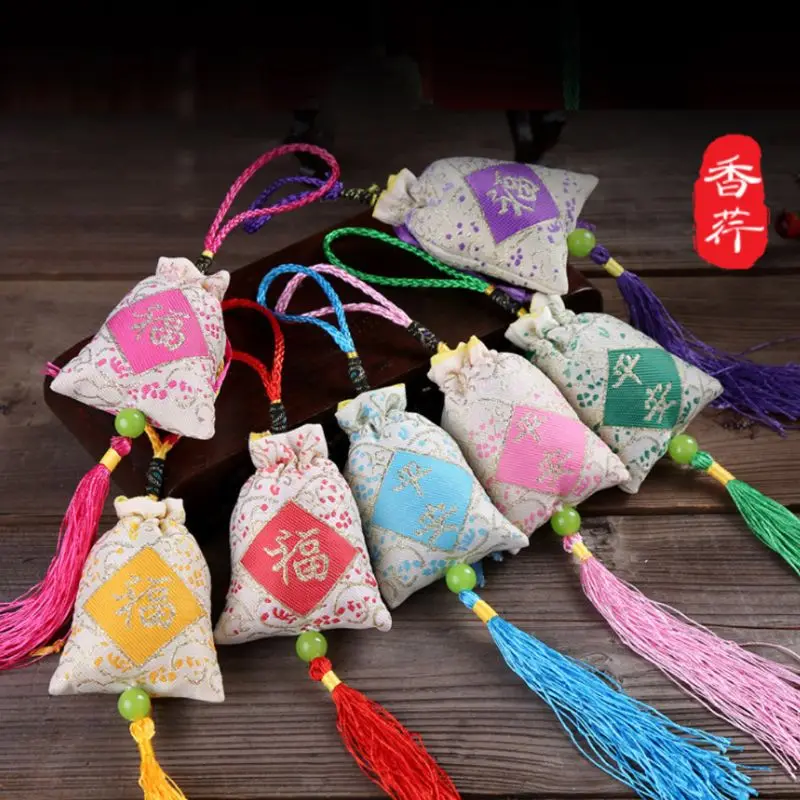 

Car Hanging Lavender Sachet Bag Traditional Chinese Folk Art Word Printed Tassels Medicine Spice Fragrance Mascot Decoration