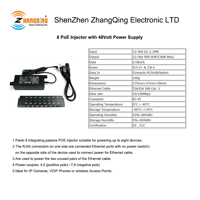 8 port passive POE injector Power over Ethernet POE Patch panel with