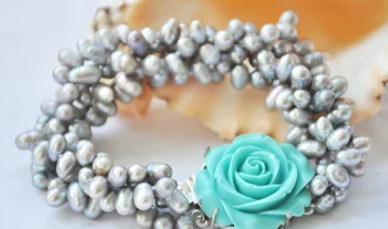 

Wedding Woman Jewelry 4 Strands Pearl Bracelet 10mm Bright Gray Real Natural Freshwater Pearl Bracelet Green Rose Clasp