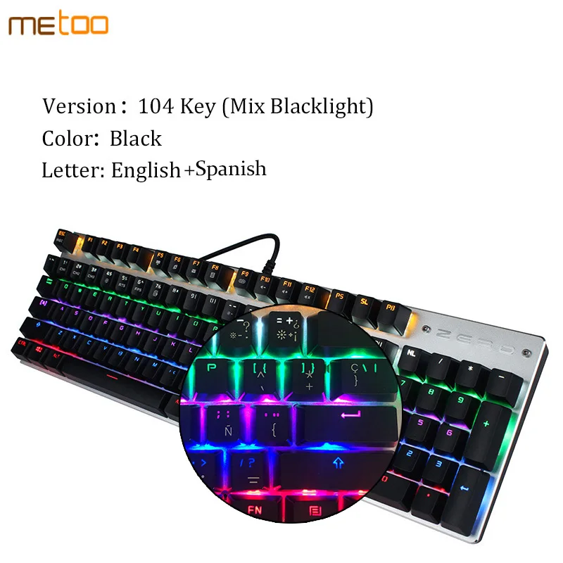 Новая Механическая клавиатура metoo с 87/104 клавишами, красный, синий переключатель, проводная игровая клавиатура, светодиодный светильник, анти-ореолы, русская английская клавиатура - Цвет: Black Spanish 104key
