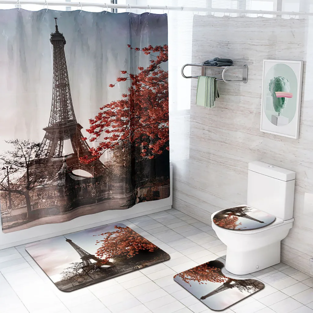 

4Pcs/Set Eiffel Tower Non Slip Toilet Polyester Cover Mat Set Bathroom Shower Curtain Bath Mat Bathroom Suits