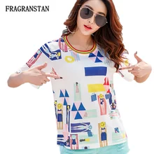 Женский сезон: весна–лето Повседневное с О-образным вырезом Футболка Для женщин куртка с модным геометрическим принтом тапочек со свободным верхом Высокое качество леди индивидуальность футболки Q409