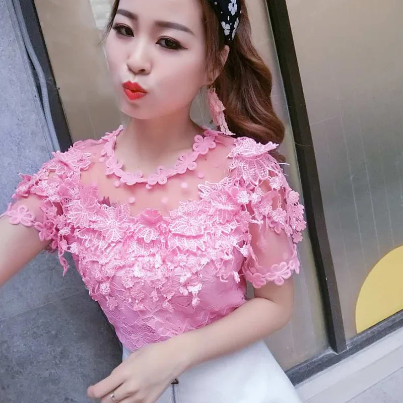 2018 New Summer Autumn Women Lace Blouse Sweet Floral Hollow Out Lace Shirt Female Backless Mesh Blouses Blusas Short Tops AB929 2