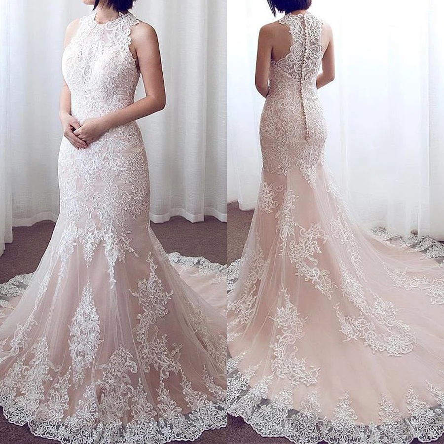 Grandescuento Modesto Corte De Sirena Vestidos De Novia De Tul Vestido De Mariee Encantador Tul Escote Halter Sirena Vestido De Boda Con Apliques De Encaje June 2020