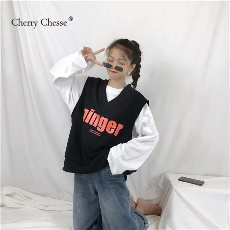 Cherry Chesse Harajuku Письмо жилет V образным вырезом Трикотажные топы корректирующие для