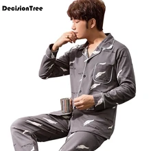 Мужские пижамные комплекты из хлопка и мужские пижамы с длинным рукавом и круглым вырезом, пуловер в полоску, комплект для сна