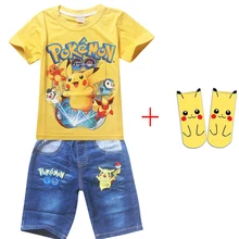 Летние комплекты хлопковой одежды для мальчиков футболка с короткими рукавами и принтом «Pokemon Go»+ джинсы, комплект для мальчиков, спортивный костюм с рисунком «Pikaqiu» и носками для малышей