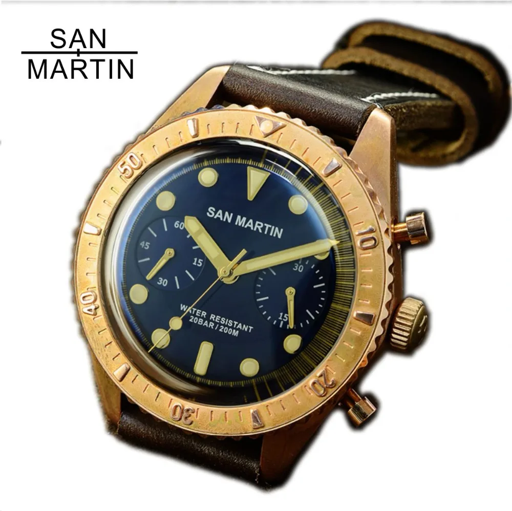 Часы San Martin Sixty Five бронзовые автоматические часы для дайвинга ETA7753 с хронографом 200
