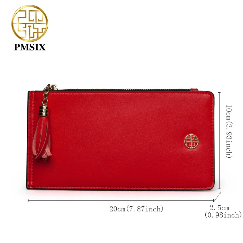 Pmsix большой красный китайский стиль коровий спилок женский клатч кошелек с кисточкой на цепочке женский Ретро кошелек P420005
