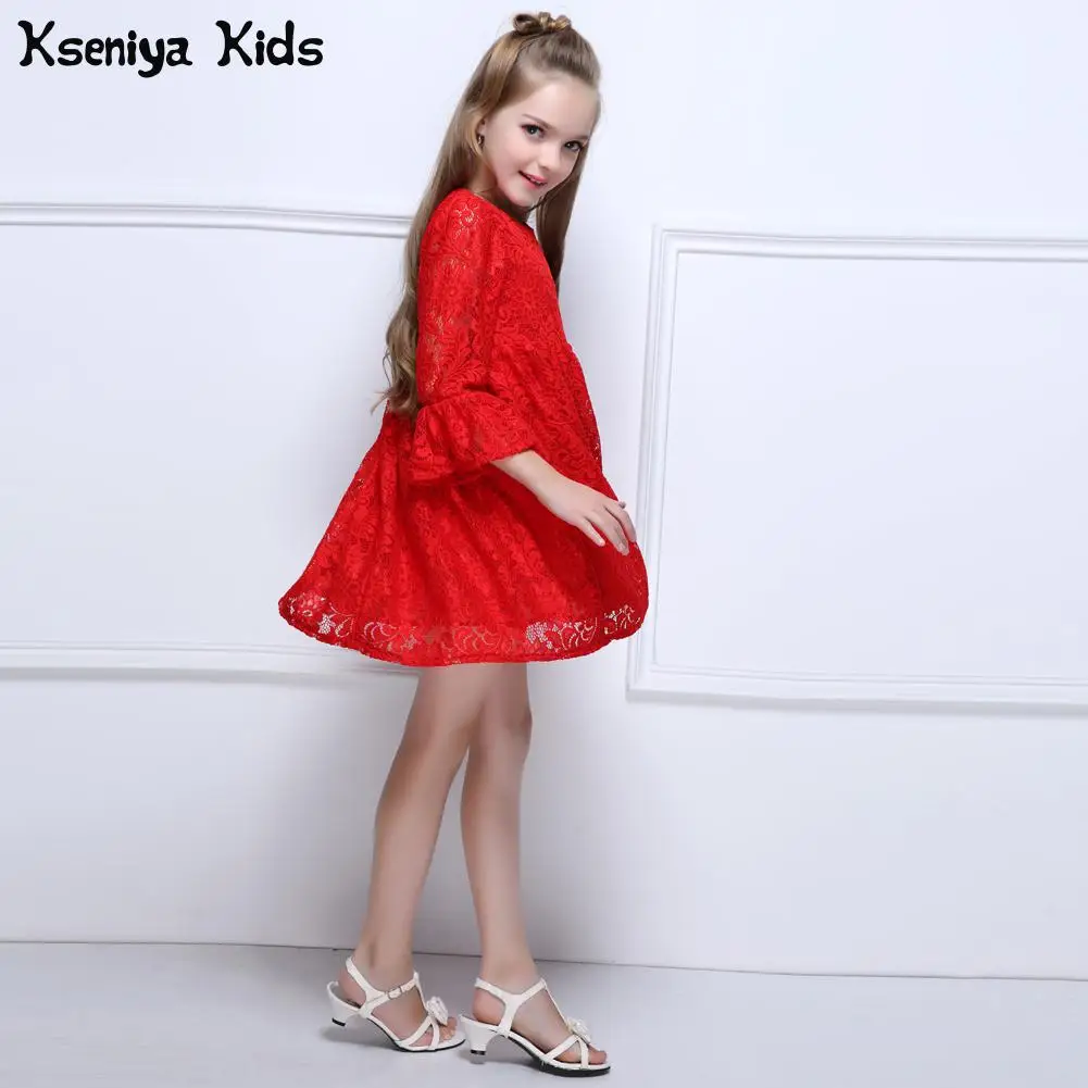 Kseniya/детское Красное Кружевное платье на весну-осень для девочек Детские платья для девочек, вечерние платья принцессы с длинными рукавами для маленьких девочек на свадьбу