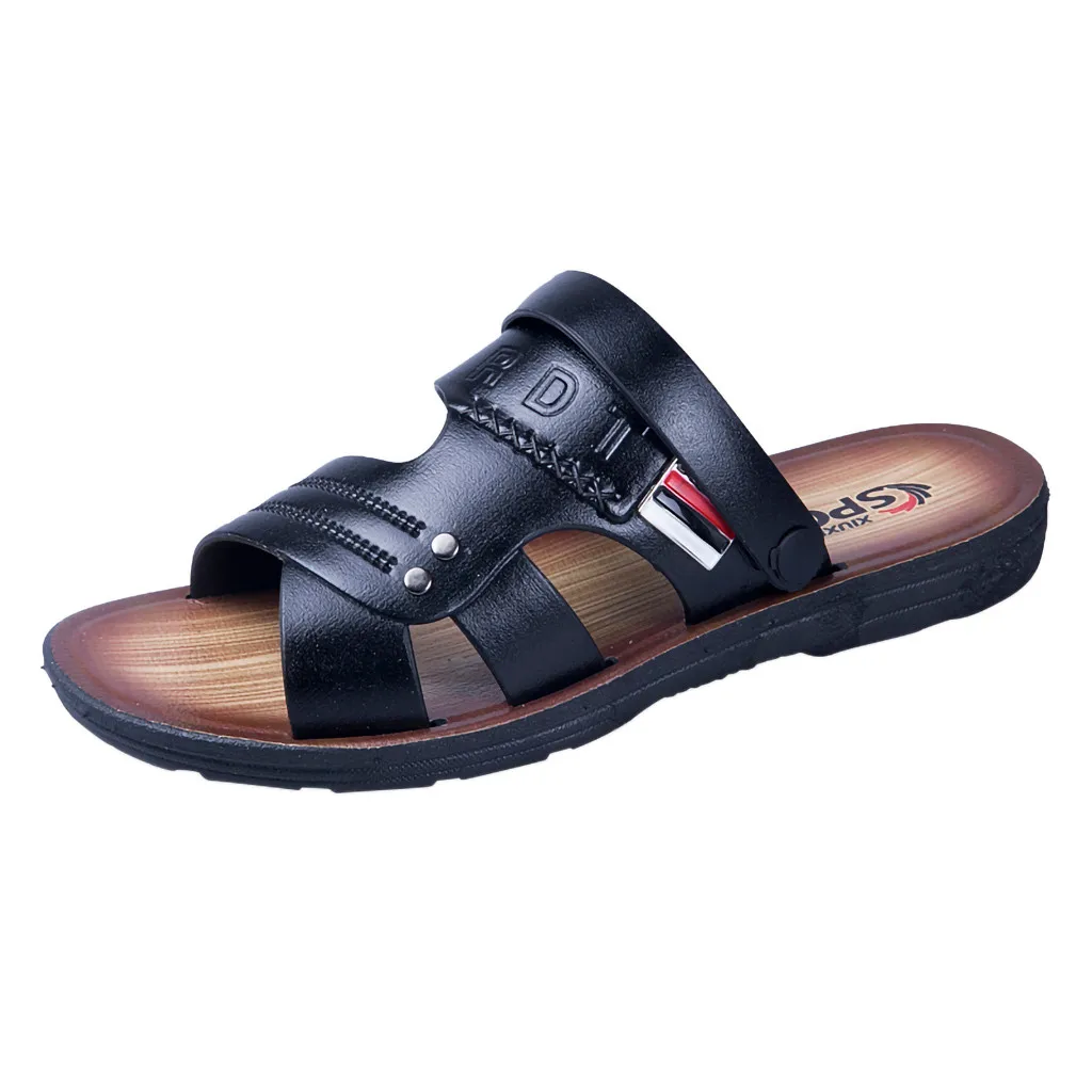SAGACE/Летние повседневные мужские Нескользящие пляжные дышащие одноцветные тапочки с круглым носком на низком каблуке; уличная мягкая удобная модная обувь - Цвет: Черный