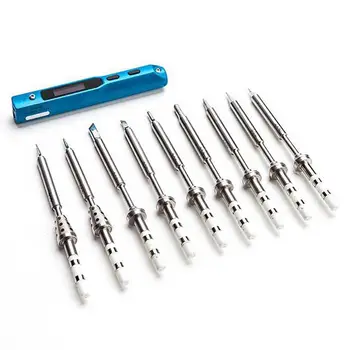 

High Quality Gemstone Blue Intelligent Programmable TS100 Mini Electric Iron Set With 9 Heads Holder XT60 Adapter Cable