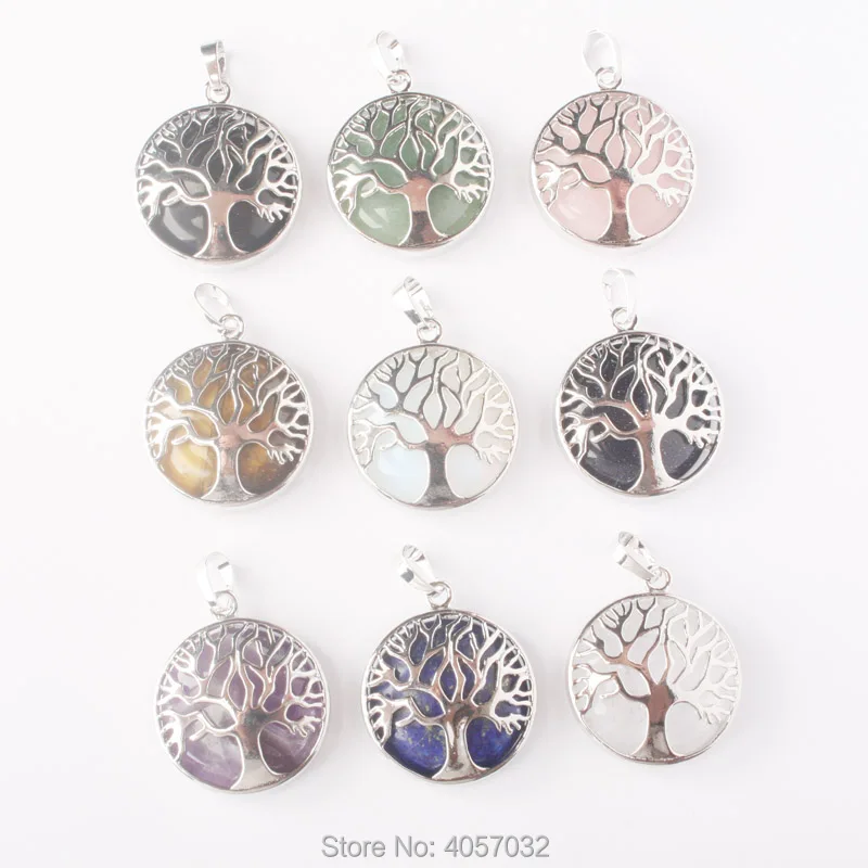 

27x27MM Mix-Color Crystal Stone Round Beads Chakra Tree Pendant 1PCS