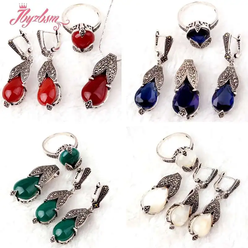 Agat,Crystal Drop Gem Stones Beads Marcasite Tibetan Silver For Lady Party Fashion Pendant Ring Earrings 1 Set,Free Shipping Agat,Crystal Drop Gem Stones Beads Marcasite Tibetan Silver For Lady Party Fashion Pendant Ring Earrings 1 Set,Free Shipping