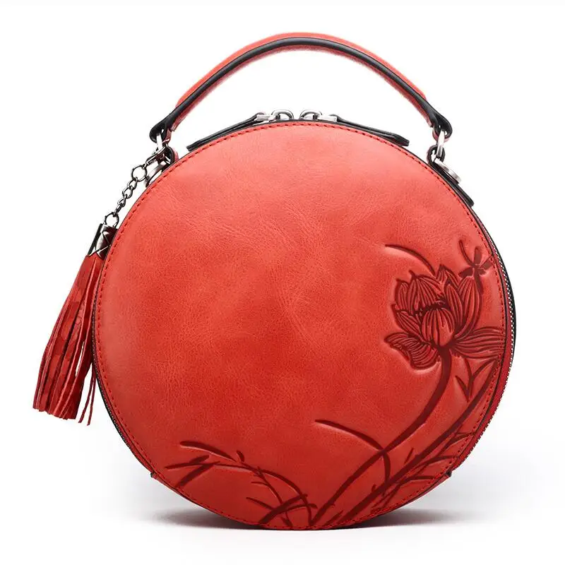 NASIBAO New Handbags Embossed Floral Top quality Cowhide Leather Tote Style Ladies Tassel Round Bag shoulder Messenger Handbag NASIBAO New Handbags Embossed Floral Top quality Cowhide Leather Tote Style Ladies Tassel Round Bag shoulder Messenger Handbag