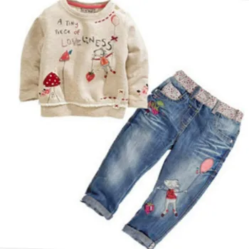 

Free shipping girl clothes Spring and Autumn dress Cute Girl Flower long sleeve denim suit girls boutique outfits girls clothing