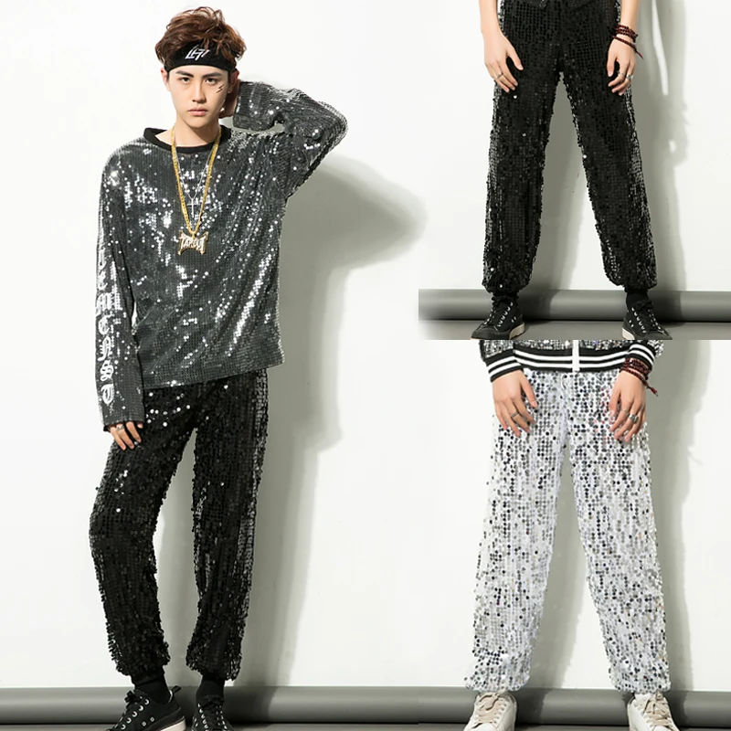 New Adult Jazz Pants Trousers Hip Hop Stage Dance Practice Sequins Black Silver Jazz Pants Male 