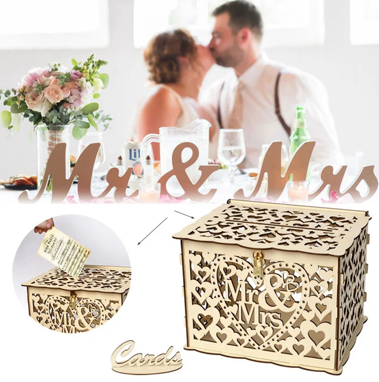 PATIMATE DIY Wooden Wedding Card Box With Lock Rustic Wedding Decoration Mr Mrs Wedding Favor Gifts Anniversary Party Supplies