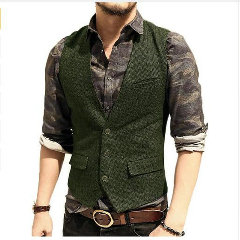 Men's Suit Vest V Neck Wool Herringbone Tweed Casual Waistcoat Formal ...