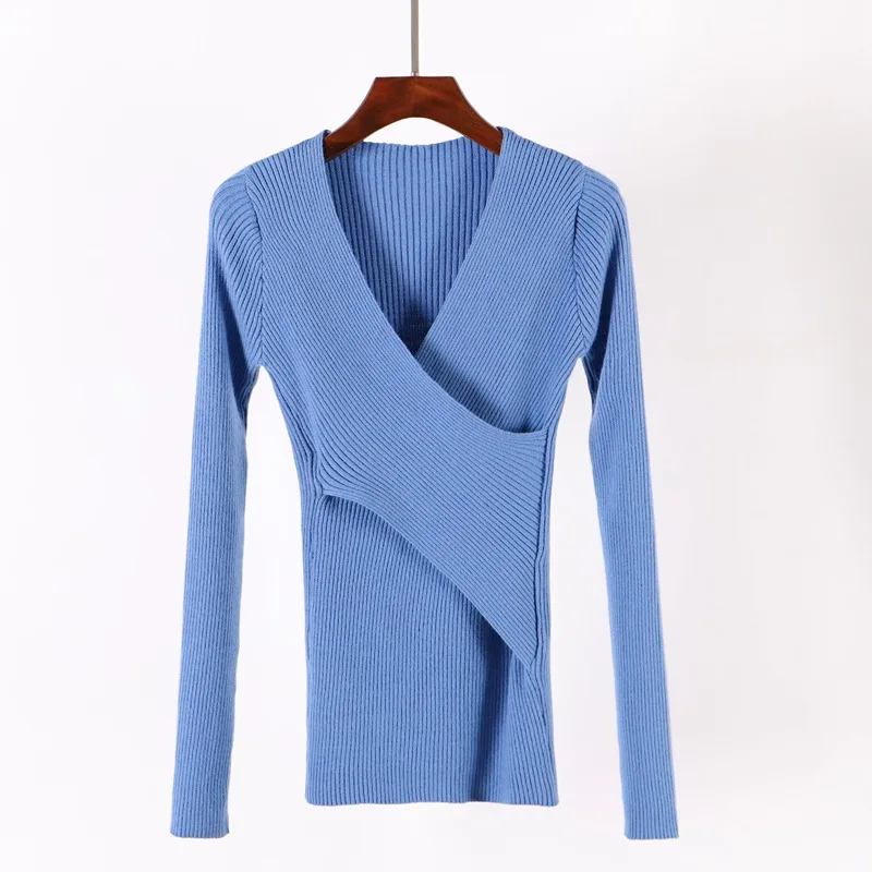 ONLYSVTER Sexy V Neck Wrap Women Pullover Sweaters Autumn Winter Long Sleeve Soft Casual Jumper Ribbed Knitted Pull Top Femme - Цвет: Blue 1201