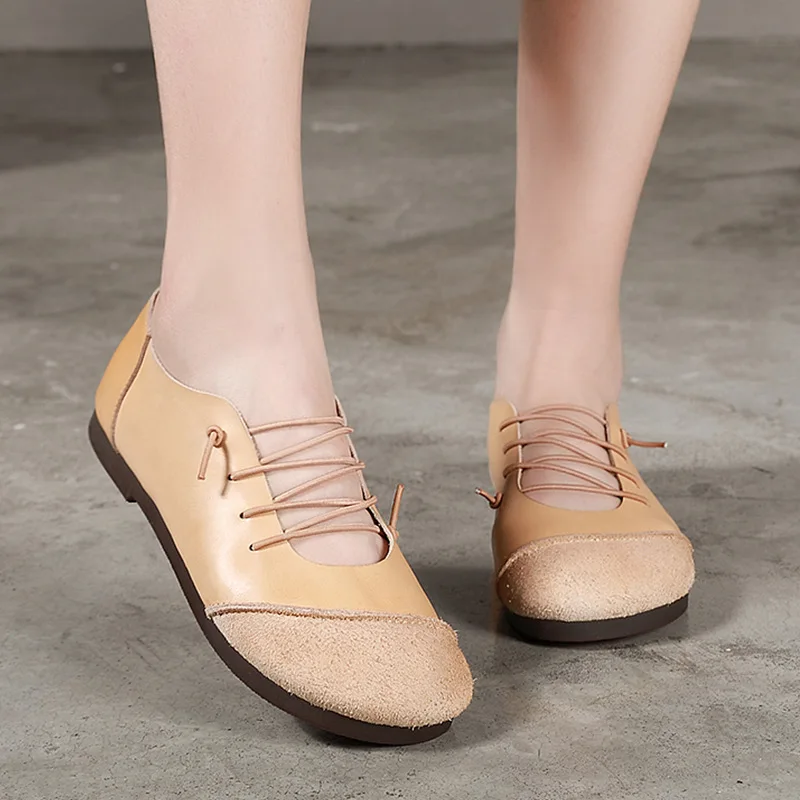 

2019 VALLU Women Shoes Genuine Leather Splice Lace-up Flats Ladies Solid Round Toe Retro Style Causal Shoes