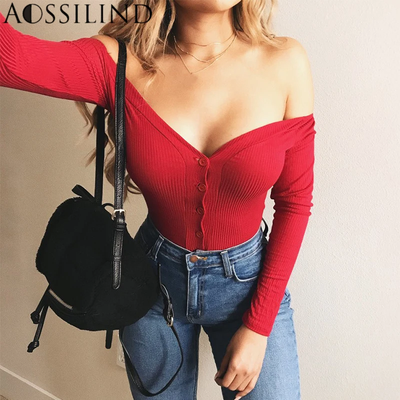 

AOSSILIND Off shoulder buttons red sexy ribbed bodysuit autumn long sleeve bodycon rompers womens jumpsuit