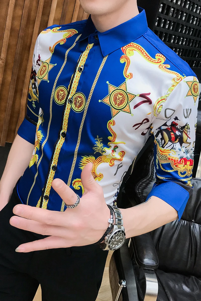 royal blue shirt with gold print