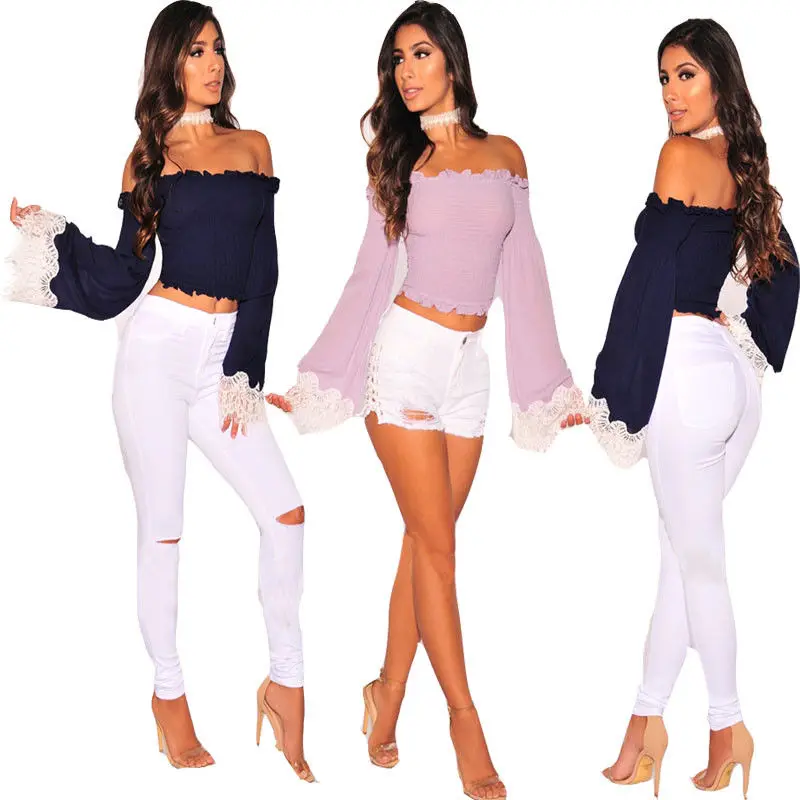 Summer 2017 Fashion Women Sexy Off Shoulder Tanks Crop Top Long Sleeve