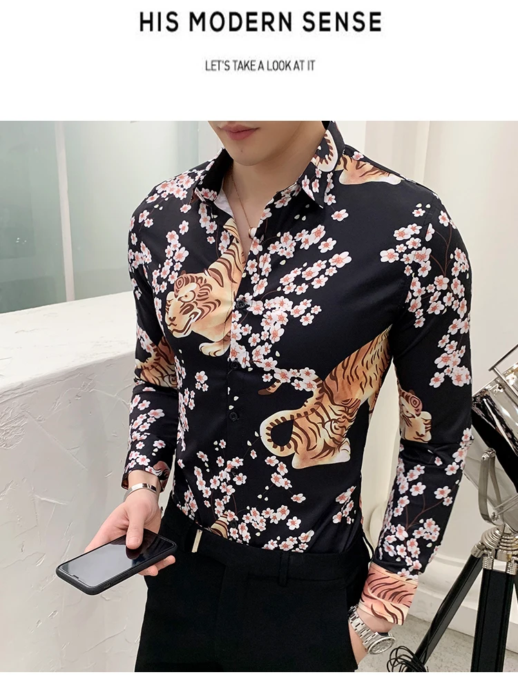 Золотой тигр Цветочный принт рубашка Slim Fit Корея Повседневная рубашка Для мужчин Chemise Homme цветочный социальных вечерние клубная рубашка Для