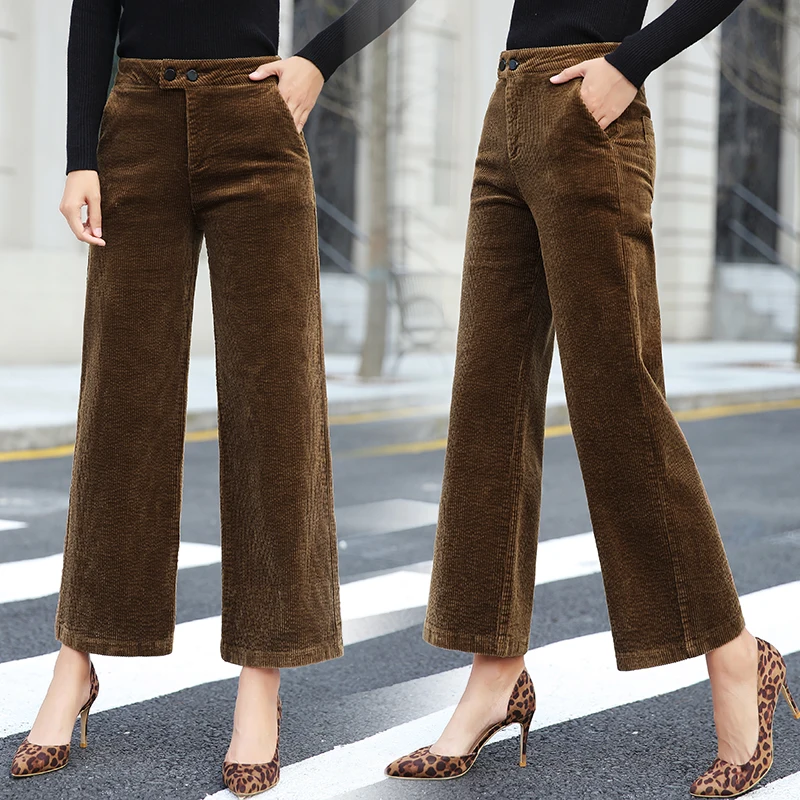 autumn new women's corduroy Straight pants female high waist retro ...