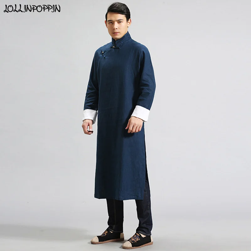 

Men Traditional Chinese Linen Trench Coat Mandarin Collar Long Sleeves Mens Long Robes Frog Closures Side Slit Kung Fu Costumes