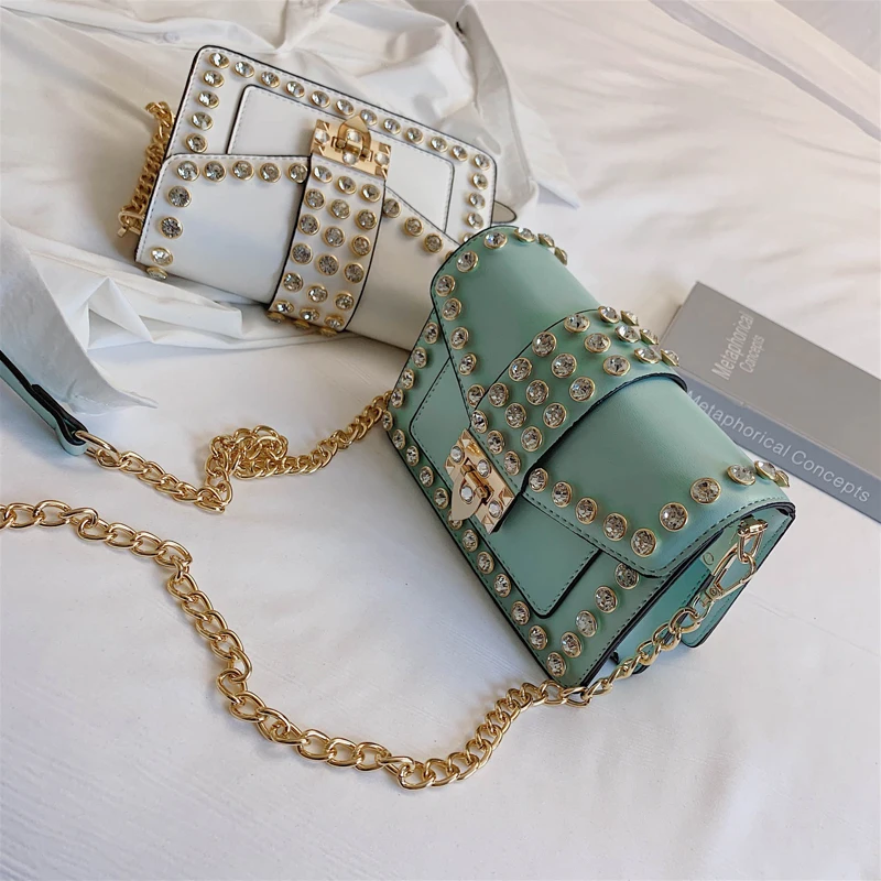 Bag for Women 2019 Luxury Handbags Women Bags Designer Rivet Crossbody Bag White Yellow Green Pink Blue Chains Bags Sac A Main