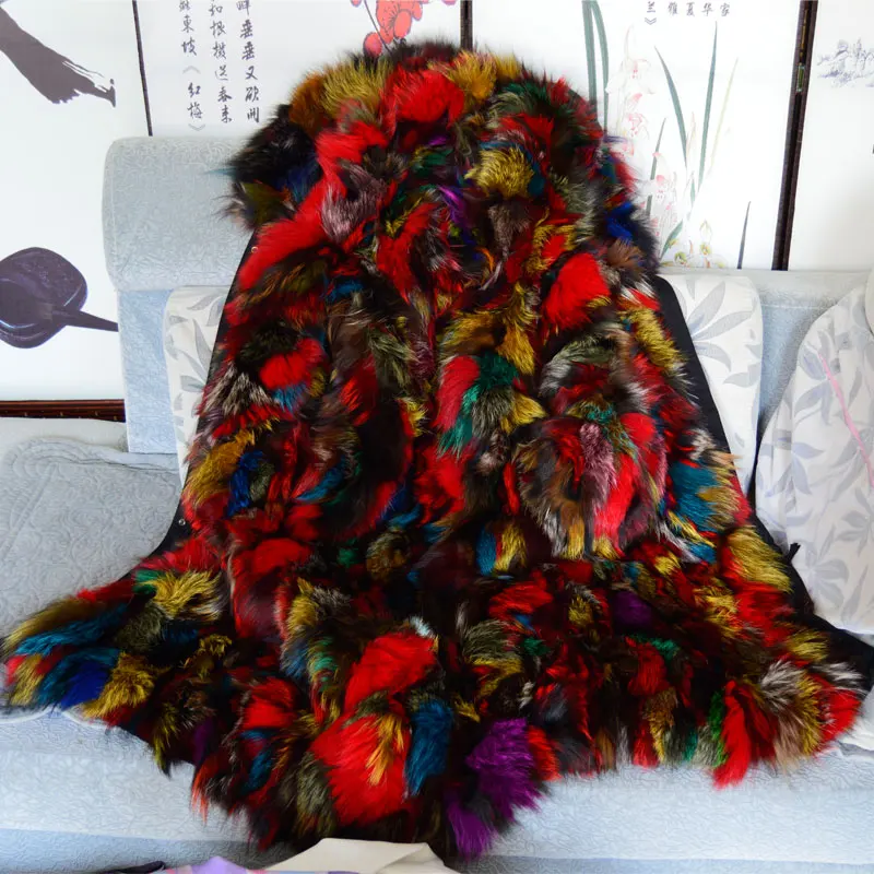 Long style Luxury Multi Colorful real fox fur women parka coat Black winter coat free shipping