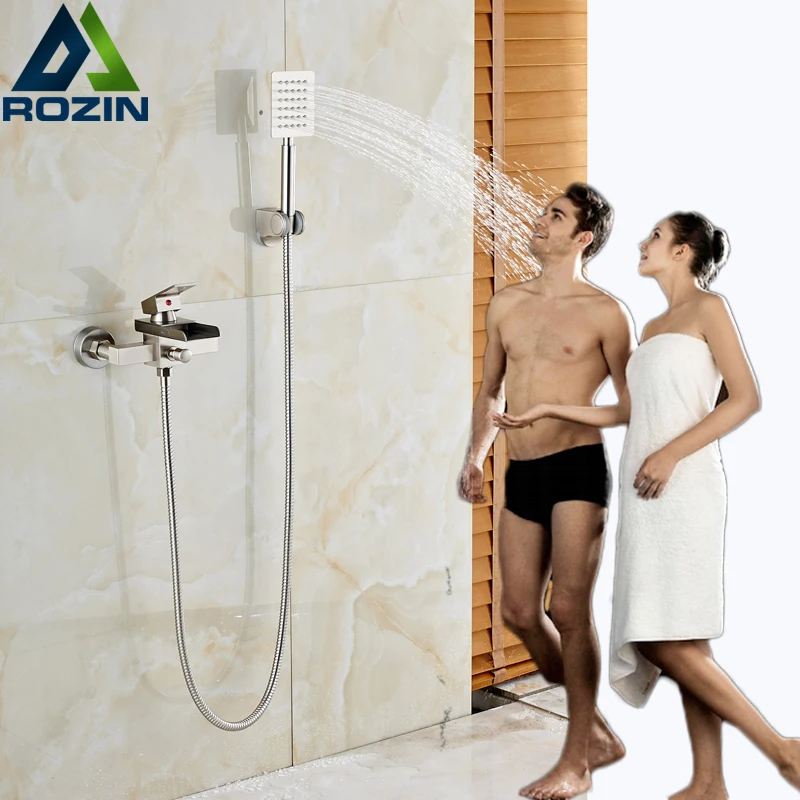 

2016 Newly Waterfall Bath shower Faucet Brushed Nickel Handheld Shower Mixer Taps Single Handle with Bracket Holder