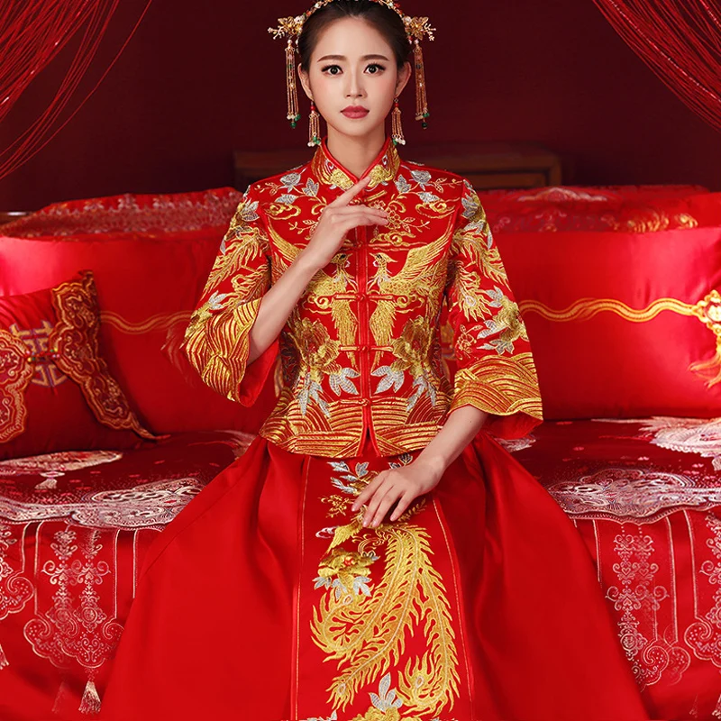 

Vintage red Bridal Embroidery Cheongsam Modern Traditional Chinese style Wedding Dress Oriental Womens Qipao Plus Size S-5XL