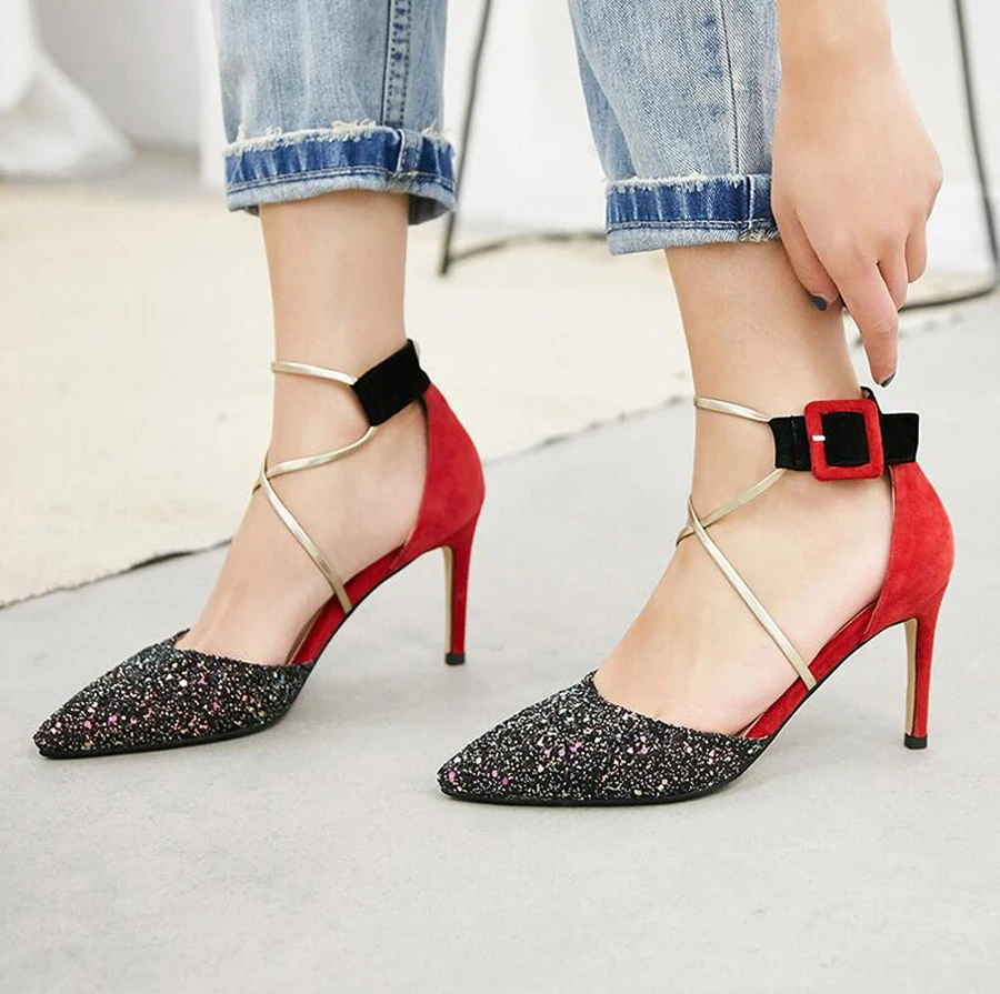 Sangle 2019 Boucle Talon Stiletto Pointu Cuir bling Perfetto Sandales Noir Suédé En Pompes Prova Sexy Bout Couleur Mélangée rouge Dames Haut Femmes Chaussures fSA7xn5